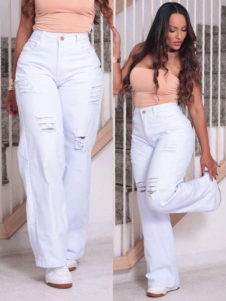 Women's Wide Leg Jeans, High Waist, High Waist, Enhances Butt Size 36 To 46 - 白色 - 查看 1