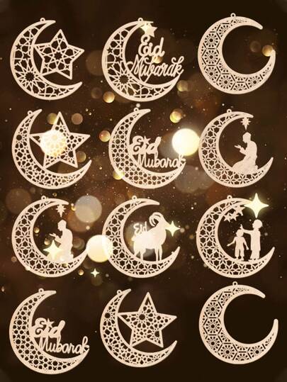 9 件/套带绳木制挂饰，斋月装饰，空心月亮星星和绵羊吊坠装饰，DIY 木制工艺品适合节日装饰、节日装饰、DIY 派对家居装饰、户外节日装饰、除夕派对装饰