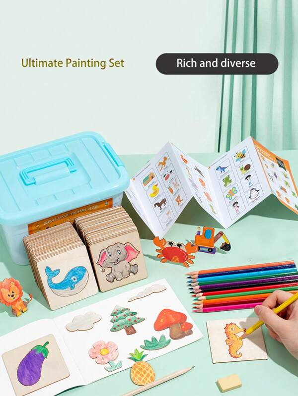1 طقم قوالب رسم خشبية للأطفال، لوحات رسم أفكار واعادة إبتكار خشبية DIY، تشمل مواضيع مختلفة مثل الطقس والحيوانات، مناسبة للعائلات والمدارس وألعاب فنية إبداعية، هدايا للبنين والبنات