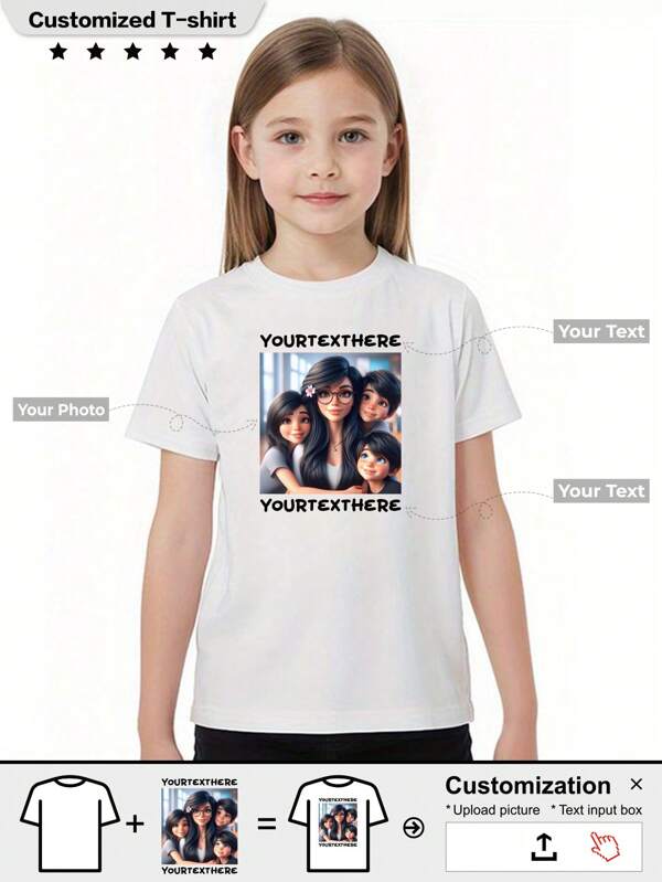 Customized Tween Girls' Sports T-Shirt, Please Upload Your Preferred Image And Copytext,Multi-Functional,Ornamental,Letter,Stylish,Modern,Colorful,Cute,Adorable,Casual,Custom,Personalised,Unique,Customized,Ideal Gifts For Him,Ideal Gifts For Her
