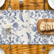 Monochrome Sketched Birds & Floral Design Summer Tablecloth, Seasonal Spring/Autumn Kitchen/Dining Table Decor, Home Party Decoration - Blue - View 5
