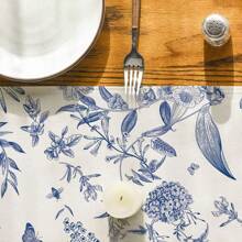 Monochrome Sketched Birds & Floral Design Summer Tablecloth, Seasonal Spring/Autumn Kitchen/Dining Table Decor, Home Party Decoration - Blue - View 4