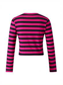 Womens Y2K Fairy Grunge Striped Long Sleeve T Shirt Gothic Skull Rhinestone Printed Round Neck Slim Fit Tee Shirts Crop Tops Fall E Girl Goth Emo Vintage Aesthetic Clothes Halloween Streetwear - 粉色 - 查看 7