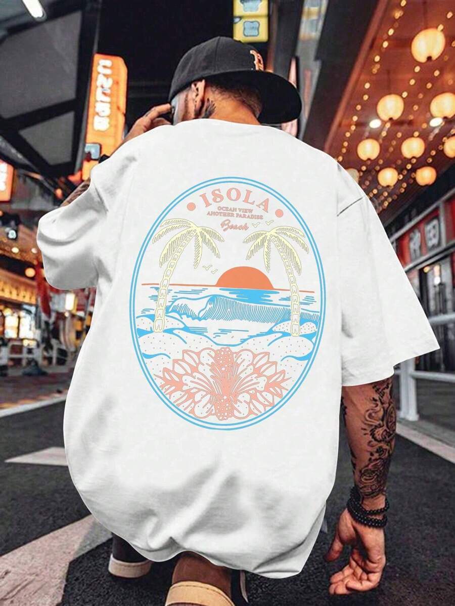 Hombres Camiseta de hombros caídos con letra & con estampado de árbol - Blanco - Ver 1