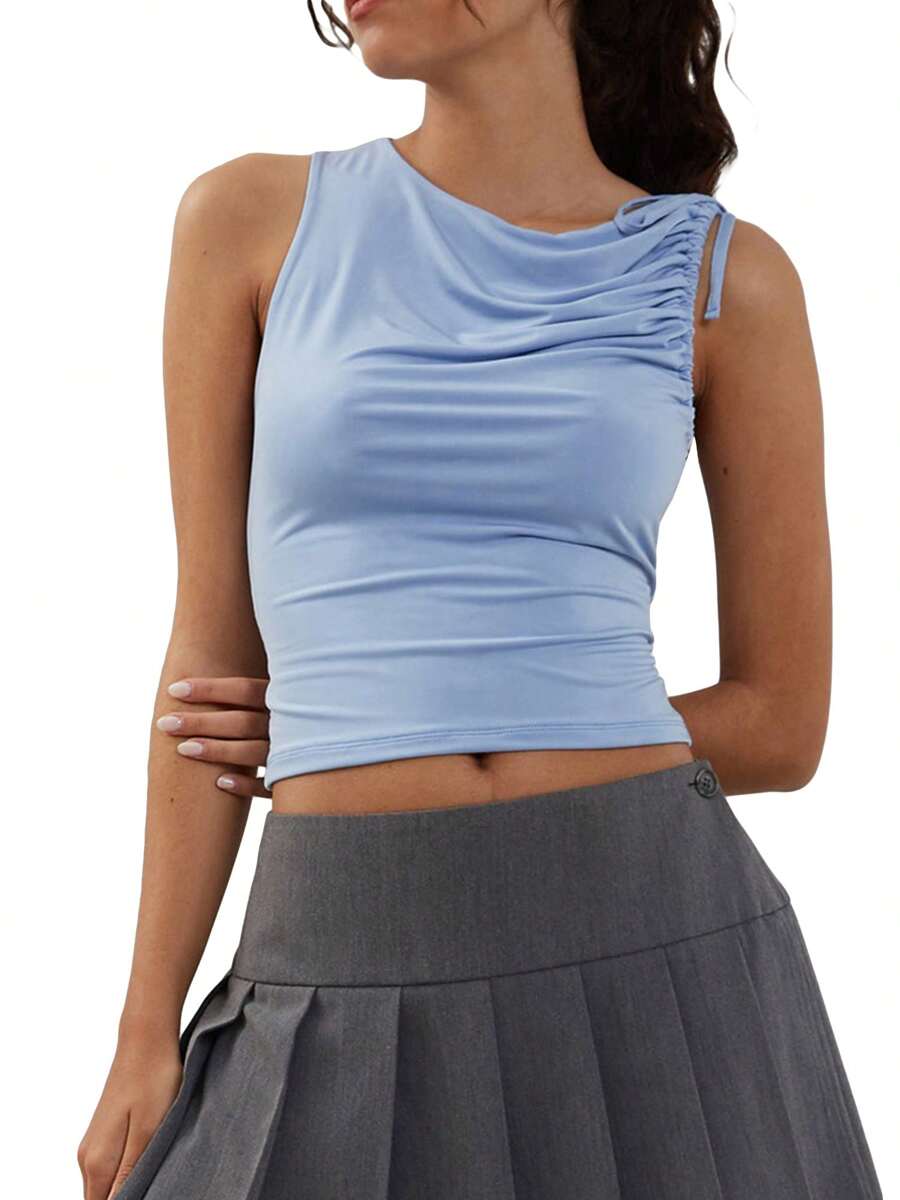 Womens Solid Color Tank Tops Sleeveless Asymmetric Neck Ruched Crop Tops Slim Fit Summer Shirts - Blue - View 1