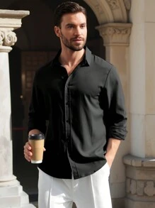 Camicia casual in monocolore a manica lunga e monopetto, adatta per l'autunno, ideale per l'ufficio