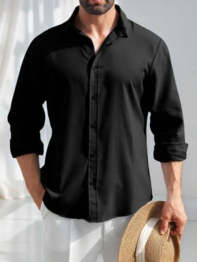 Camicia casual in monocolore a manica lunga e monopetto, adatta per l'autunno, ideale per l'ufficio