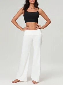 Women's Flare Leggings Fold Over Yoga Pants Flared Leggings Bell Bottom Y2K Low Rise Wide Leg Lounge Sweatpants - White - View 3