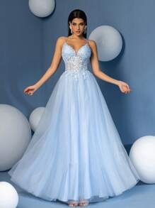 A Line Spaghetti Strap Applique Evening Prom Dress Tulle Lace Up Party Dress, Wedding Guest Dress, Formal Dress,Gown