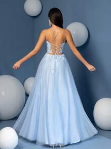 A Line Spaghetti Strap Applique Evening Prom Dress Tulle Lace Up Party Dress, Wedding Guest Dress, Formal Dress,Gown