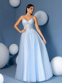 A Line Spaghetti Strap Applique Evening Prom Dress Tulle Lace Up Party Dress, Wedding Guest Dress, Formal Dress,Gown