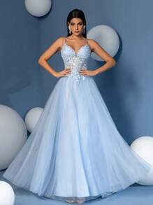A Line Spaghetti Strap Applique Evening Prom Dress Tulle Lace Up Party Dress, Wedding Guest Dress, Formal Dress,Gown