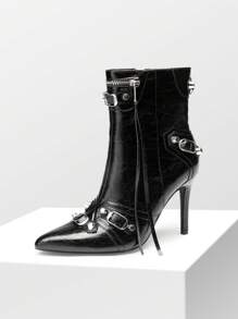 DREAM PAIRS Women's Pointed Toe Stiletto Motorcycle Boots Ankle Boots Dress Boots With Stud And ZipperTassel Great For Party Occasion - 黑色 - 查看 4