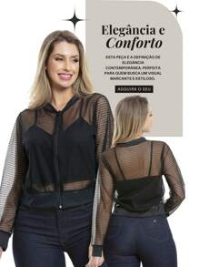 Jaqueta Bomber com Transparência e Fechamento em Zíper - Preto - Visão 4