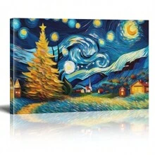 1 Piece Framed Vintage Abstract Style Starry Sky Countryside Landscape Oil Painting Poster Print, Suitable For Contemporary Living Room Bathroom Bedroom Hotel Apartment Villa Gallery Children's Room Nursery Nursery Entrance Porch Kitchen Dining Room Classroom Home Office Wall Decoration Ready To Hang