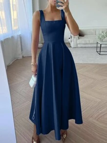 Women Sexy Sleeveless Strappy High Waist A-Line Sundress Dresses Holiday Party Swing Midi Dress - 深藍色 - 查看 3