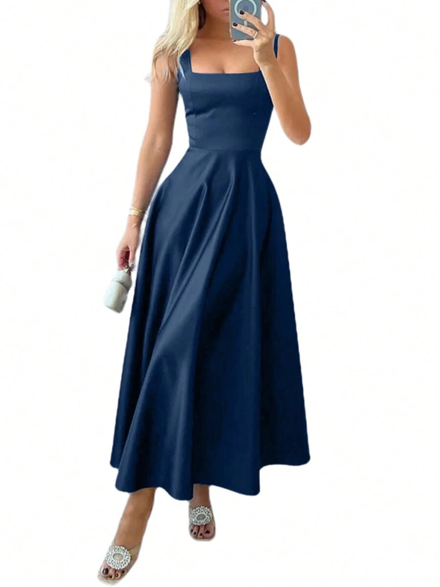 Women Sexy Sleeveless Strappy High Waist A-Line Sundress Dresses Holiday Party Swing Midi Dress - 深藍色 - 查看 1
