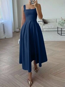 Women Sexy Sleeveless Strappy High Waist A-Line Sundress Dresses Holiday Party Swing Midi Dress - 深藍色 - 查看 4