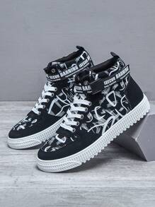 Men's Fashion Casual Sporty Skateboard Shoes, High Top Student Athletic Sneakers, Breathable Leather - Black - View 5