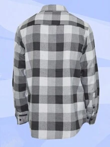 Men's Woven Plaid Flannel Long Sleeve Brushed Casual Fitted Normal Shacket - 黑灰色 - 查看 2