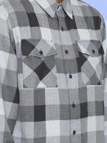 Men's Woven Plaid Flannel Long Sleeve Brushed Casual Fitted Normal Shacket - 黑灰色 - 查看 3