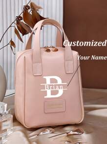 Custom Name Makeup Bag - Personalized Text, Large Capacity PU Cosmetic Tote With Dual Zipper,Waterproof Portable Cosmetic Bag - Perfect Gift For Women, Mom, Girlfriend,Valentine'S Day Gift - Vintage Travel & Home Use, Waterproof & Stain-Resistant Bags Ladies - Pink - View 3