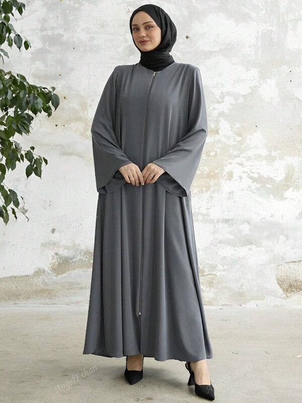 Robe árabe feminino com decote redondo, cor sólida, simples, manga comprida, carcela, zíper, casual, diário, abaya modesto
