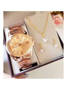 Kit Relógio Feminino Dourado Prata + Colar Brinco Folheado