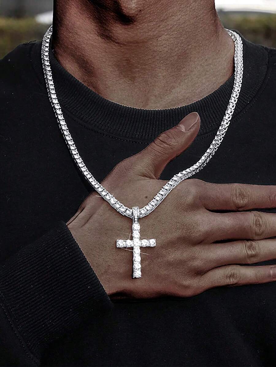 Diamond Cross Pendant Necklace, Men/Women, Gold/Silver Color, Ice Crystal Chain, Tennis Chain / Twist Chain With Cross Pendant, 20 Inch / 24 Inch - Multicolor - View 1