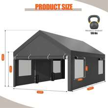 Carport, 12x20 Ft Heavy Duty Carport With Roll-Up Windows, Portable Garage With Removable Sidewalls & Doors, Car Canopy With Sandbags And All-Season Tarp For Car Boat Truck Motorcycle - 深灰色 - 查看 8