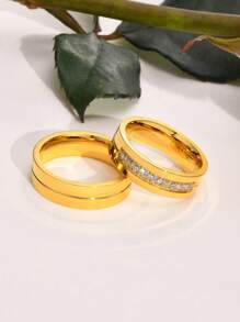 Two Simple, Personalized Laser-Engraved Gold Stainless Steel Couple Rings With Gold Accents, Perfect As A Valentine's Day Or Wedding Gift. Suitable For Occasions Such As Valentine's Day, Mother's Day, Birthdays, Graduations, Father's Day, Weddings, Everyday Wear, Parties, And Dances. A Stylish And Casual Street-Style Choice - Style - View 28