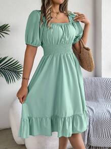 Damen Lässig Blümchen Rüschen Ärmel Kordelzug Taille Kurz Kleid, für den Sommerurlaub