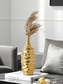 1 pieza Jarrón decorativo de vidrio con diseño de ola chapado en oro de lujo, adecuado para decoración del hogar en salas de estar, dormitorios, balcones, escritorios, etc.