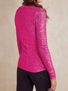 Women Long Sleeve Tops Sequins Basic Shirt Casual Pullover For Fall Club Streetwear Aesthetic Clothes - Màu Hồng Tươi - Xem 5