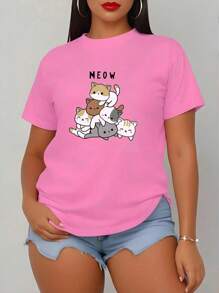 MURAMASA Cartoon Cat And Letter Print T-Shirt - 粉色 - 查看 3