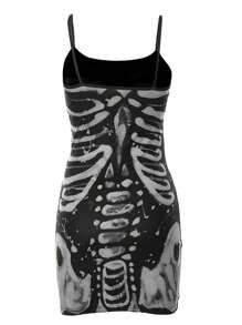 Women's Bodycon Dress, Spaghetti Strap Sleeveless Human Bone Printed Mini Sling Dresses - Negro - Ver 4