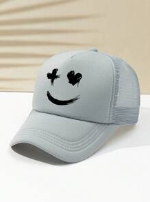 1 款男女通用可调节网眼棒球帽，带趣味脸部印花，休闲户外卡车司机帽 - 淺灰色 - 查看 2