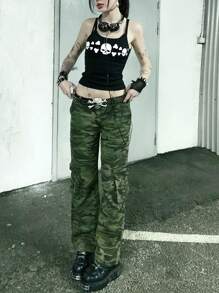 Women Goth Tank Tops Vintage Skull Print Backless Low Cut Camisoles Grunge Sleeveless Slim Fit Shirt Streetwear - Black - View 5