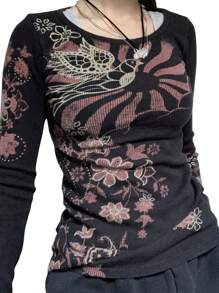 Women Basic Shirt Autumn Casual Vintage Print Long Sleeve Round Neck Tops Club Streetwear - 紅色 - 查看 2