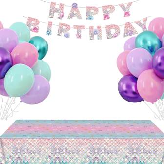 美人鱼生日派对装饰套装，紫色粉色青色气球套装，金属绿紫色乳胶气球，美人鱼派对用品包括气球套装