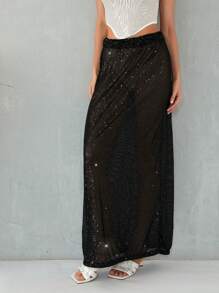 Women's Sequins Long Skirts Low Waist Party Skirts Spring Summer Fashion Casual Skirts Streetwear - 黑色 - 查看 4