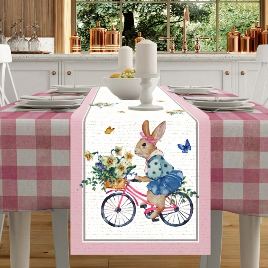 1pc Spring Easter Polyester Table Runner, 12.99x70.87 Inch, Rabbit, Wreath, Plaid Decor For Dining Table, Suitable For Holiday Room, Fireplace, Cabinet Decoration, Party Festival Decorations, Farmhouse Decor