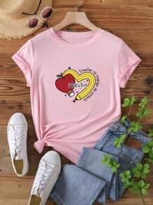 MURAMASA Women's Comfortable Casual T-Shirt With Cute Alphabet, Apple And Pencil Print - 粉色 - 查看 2