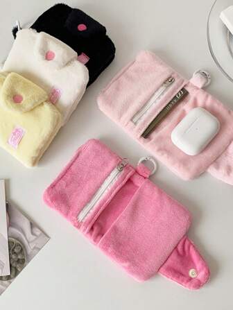 Söt plysch tjejdesign liten plånbok, kompakt myntpåse & korthållare med nyckelring, höst/vinter