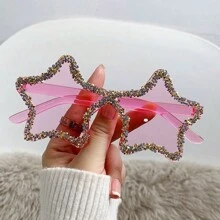 1 Pc Y2K Vintage Style Dopamine Fashion Glasses With Stars Design, Handmade Rhinestone Decoration, Frameless, Unique And Fashionable, Ideal For Wedding, Beach Party, Dance Party And Outdoor Activities Shades Beach Accessories Halloween Beach Accessories For Women Glasses Shades Basics Fall Winter Women Outfits Clothes Business Casual Gifts