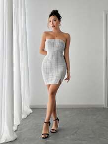 Women Elegant, Party, Teens Sexy, Plaid Strapless Bodycon Dress - Beige - View 8