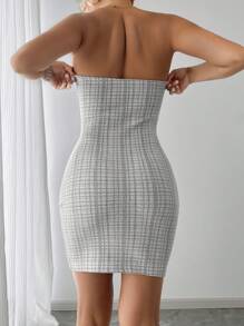 Women Elegant, Party, Teens Sexy, Plaid Strapless Bodycon Dress - Beige - View 2