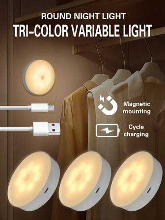 1 件/3 件/6 件 LED 夜灯，3 种颜色可调光 USB 可充电磁性底座壁灯，圆形便携式可调光夜灯，适用于房间装饰、家居、浴室、卧室、应急照明（250mAh）