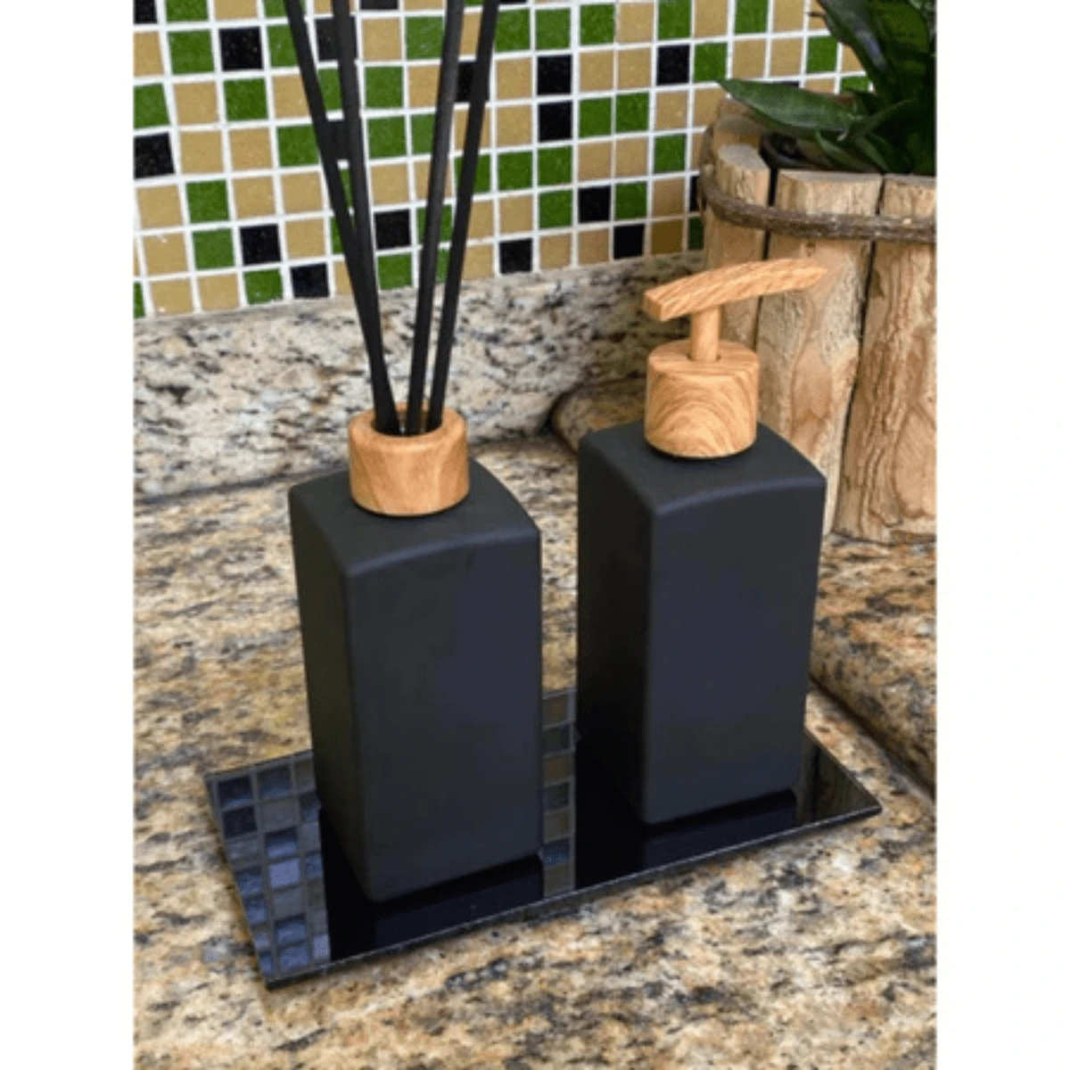 Modern Matte Black And Wood Bathroom Sink Kit With Soap Dish And ...