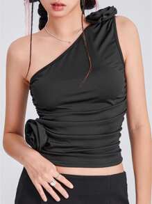 Women Solid Color Tank Tops Summer One Shoulder Sleeveless 3D Rosette Ruched Tops